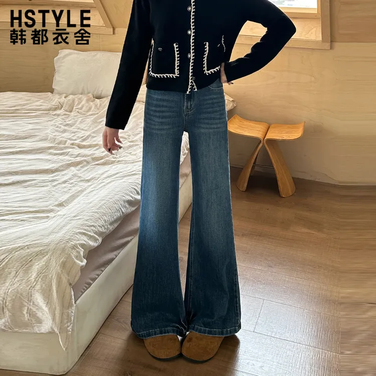 韩都衣舍高腰微喇牛仔裤女2025秋冬复古蓝小个子百搭设计感喇叭裤