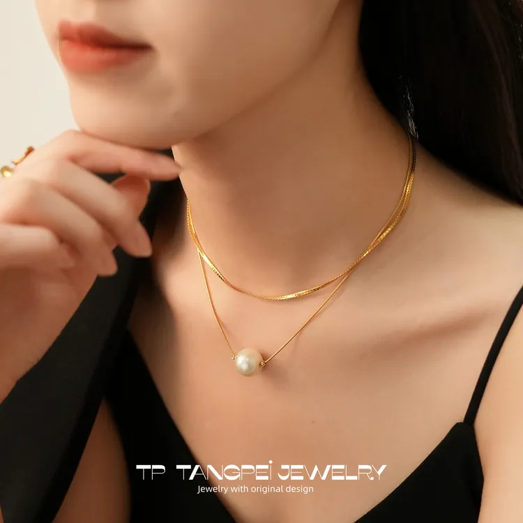 不锈钢项链 气质大颗珠珠叠戴项链双层设计感小众气质时尚饰品