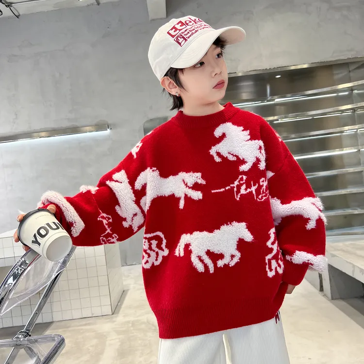 男童毛衣秋冬款季2025新款中大儿童本命年加绒加厚毛线打底针织衫