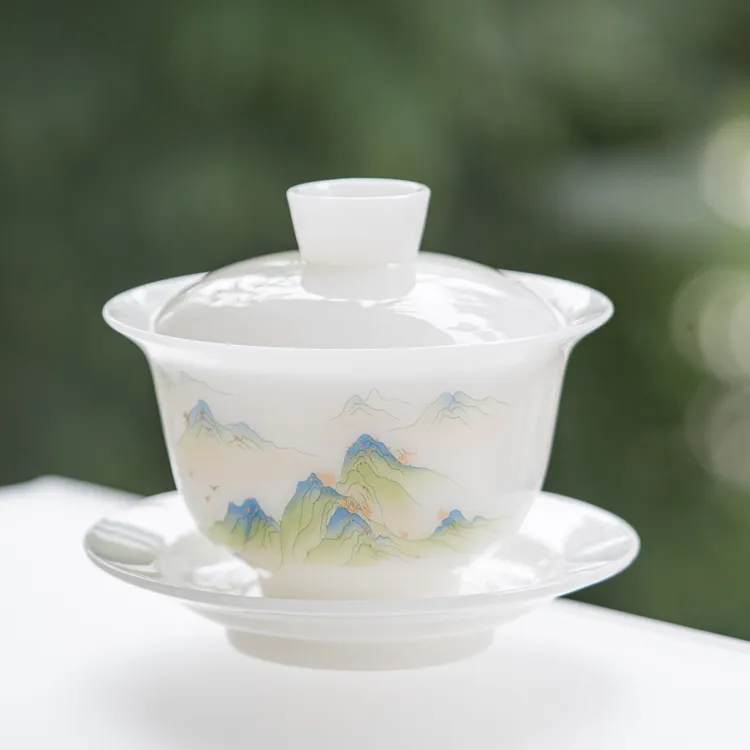  【山上有窑】德化冰种璞玉高档茶具三才盖碗经典元宝泡茶功夫盖碗