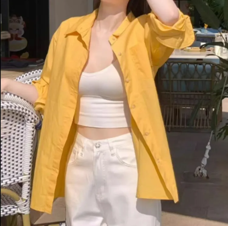 春季韩系穿搭衬衫纯棉黄色正肩衬衣独特超好看外套长袖上衣女百搭