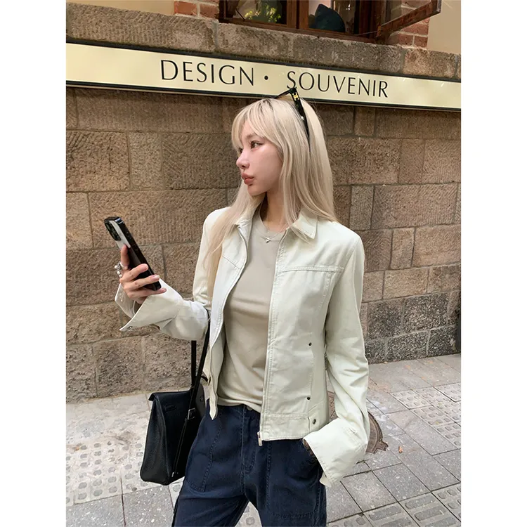美式覆古翻领拉炼夹克外套女2025早秋季新款气质修身显瘦短款上衣