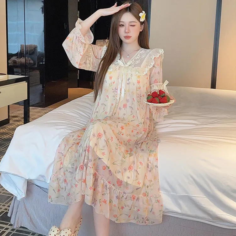 夏季睡衣女2025新款网纱蕾丝带胸垫长袖睡裙秋冬季爆款甜美家居服