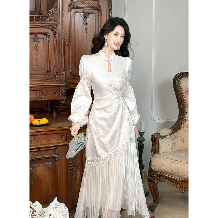Good Job【洛神鸢】新中式复古长袖提花连衣裙泡泡袖气质改良旗袍