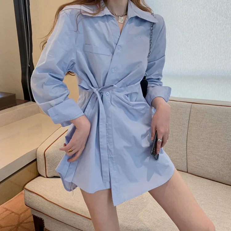 复古港风收腰绑带衬衣女夏设计感小众宽松中长款蓝色V领衬衣春秋