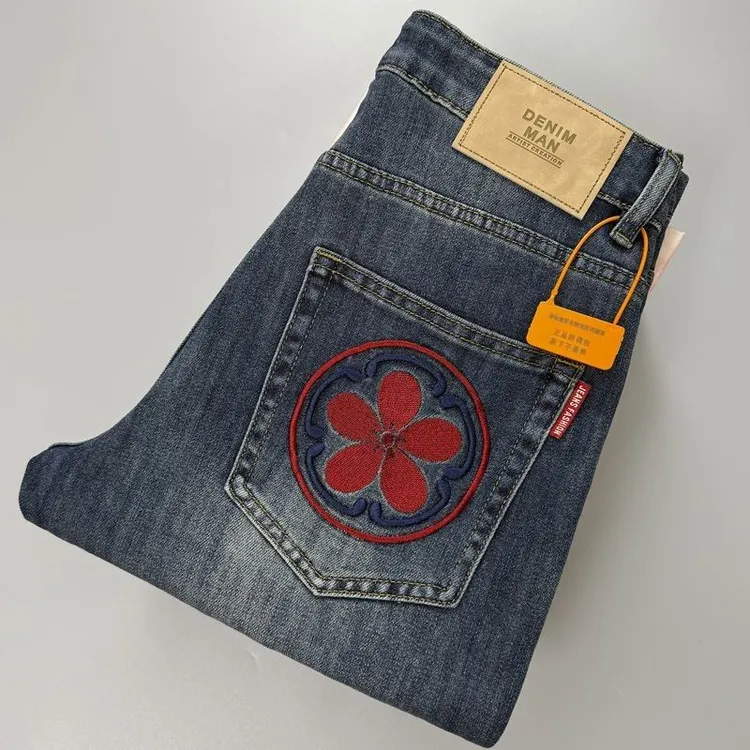 秋季高端重工刺绣牛仔裤男款小直筒修身大码胖子潮牌绣花长裤男裤