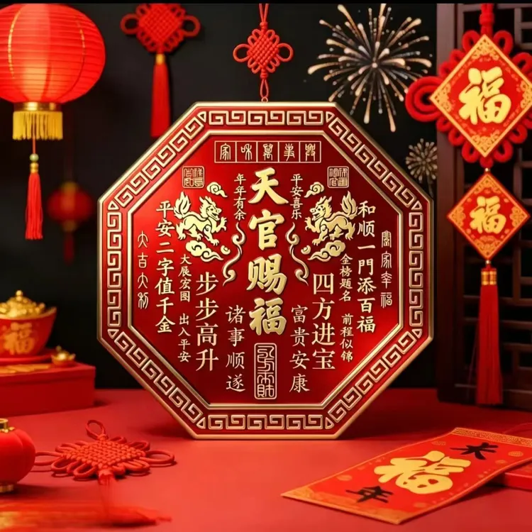 天官赐福玻璃福贴 麒麟款八边形 金属门牌贴入户门贴