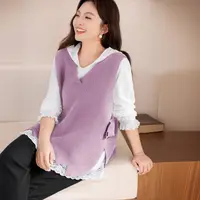 MsShe大码女装2025秋装珠片仿羊绒下摆叠穿V领毛衣马甲S~E2509012
