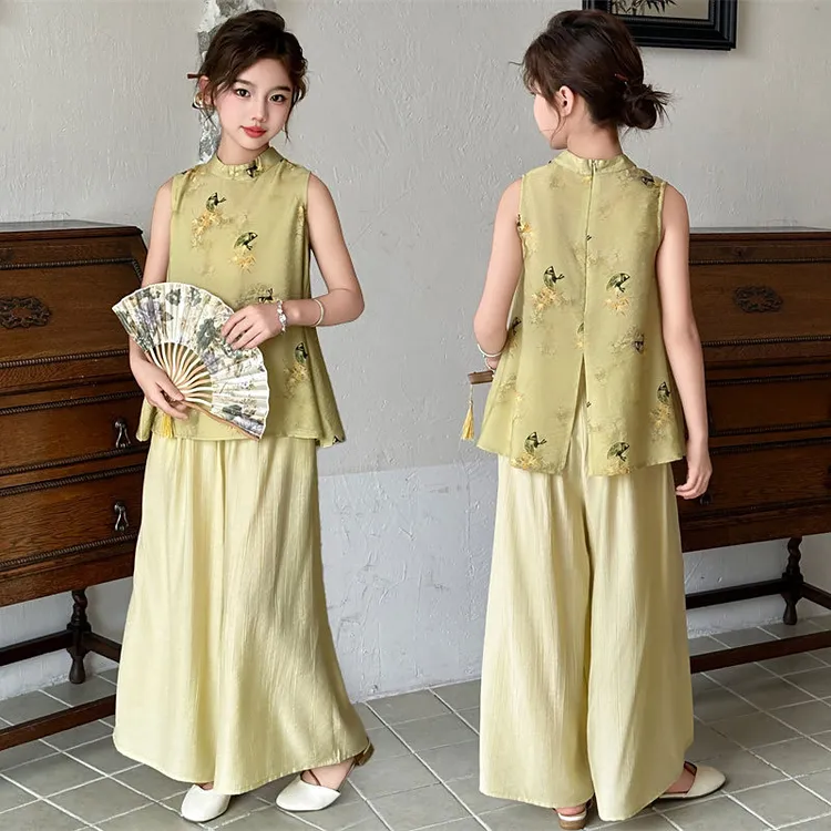 女童国风旗袍套装夏季新款中儿童洋气复古新中式大童阔腿裤两件套