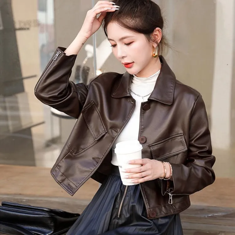 海宁皮衣女2025新款韩版宽松春秋短款小个子气质休闲皮夹克小外套