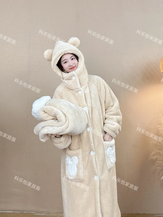 秋冬加厚保暖睡衣家居服套装双层中长款睡袍毛绒浴袍时尚男女款