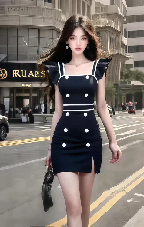 夏季新款轻奢优雅高端大气黑色方领飞飞袖修身收腰开叉包臀连衣裙