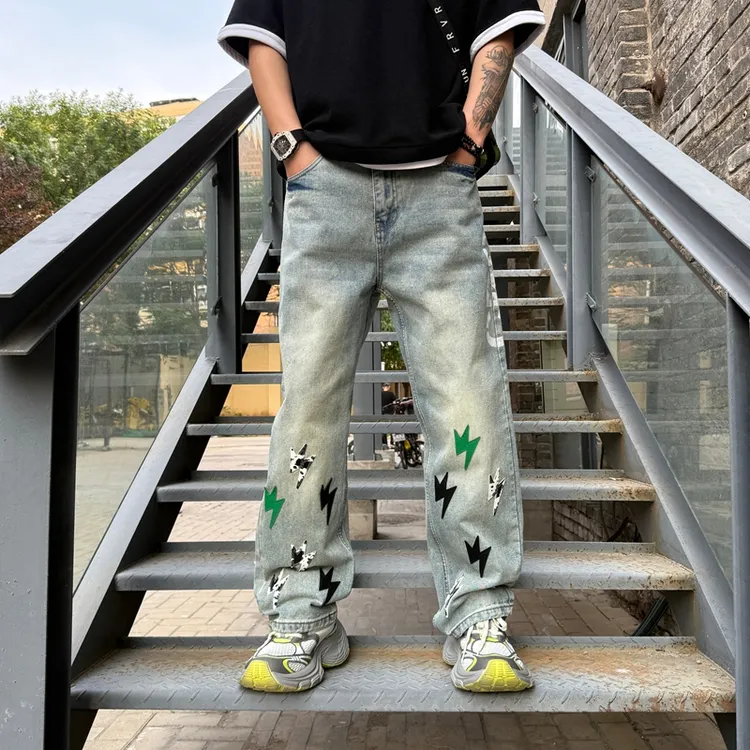 2025秋季美式潮牌闪电印花牛仔裤男款潮流高街复古休闲个性长裤子