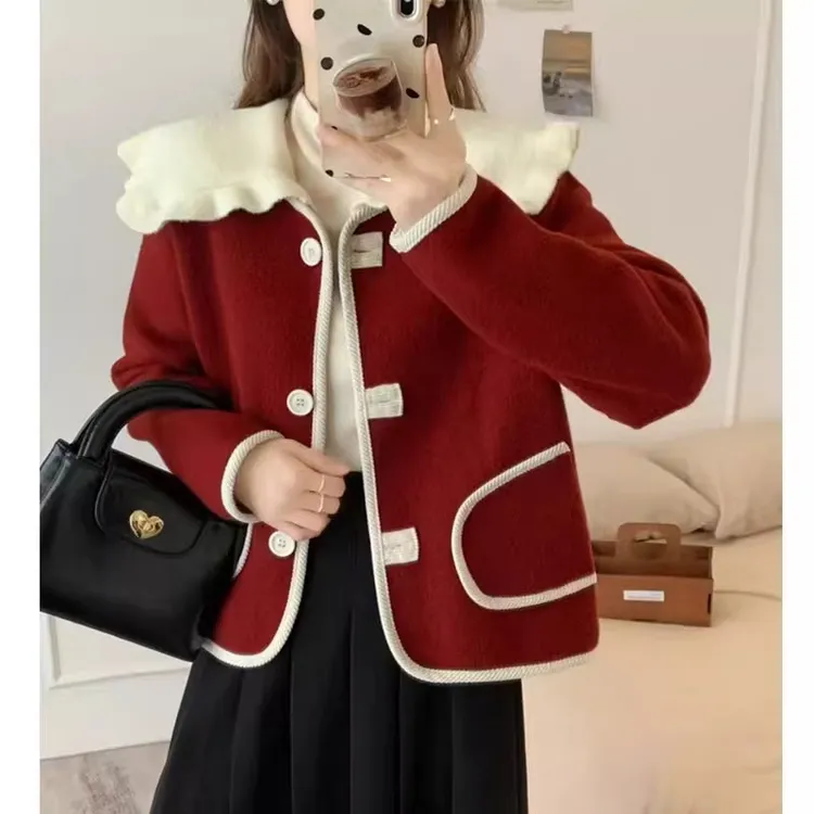 小香风娃娃领毛呢外套女秋冬新款韩版宽松小个子开衫上衣减龄洋气