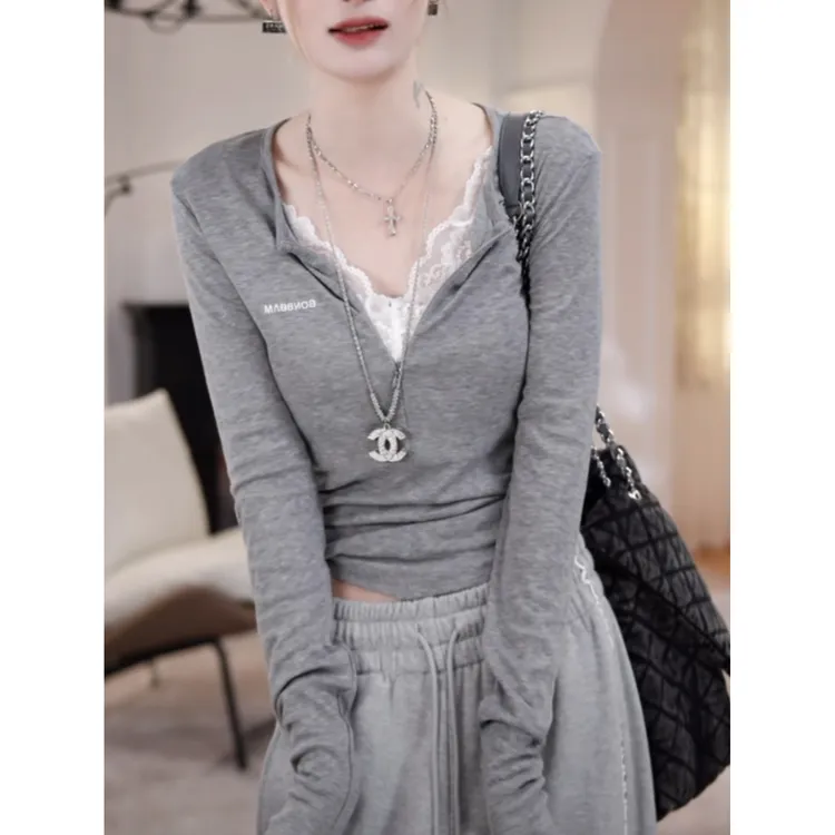 【LLU李】假两件蕾丝拼接长袖t恤女早春新款小性感显瘦修身打底上衣