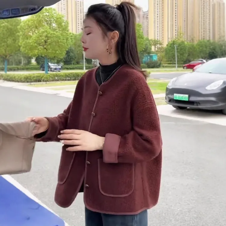 doumpp小香风皮毛一体外套女秋冬新款安哥拉红高级感漂亮爆款开衫