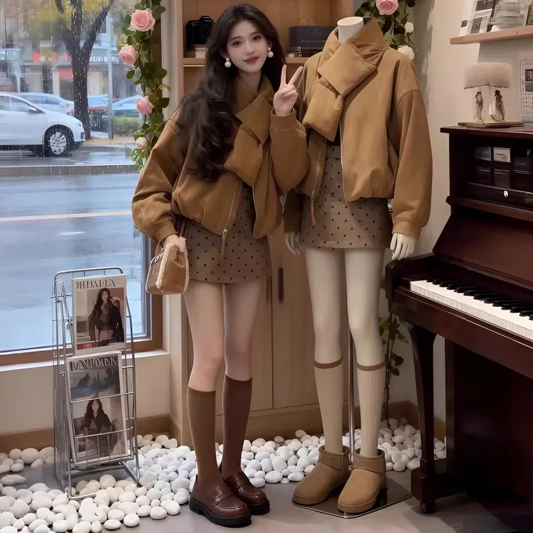 女小个子秋冬套装搭配一整套巨好看拉链围脖棉服波点半身裙两件套