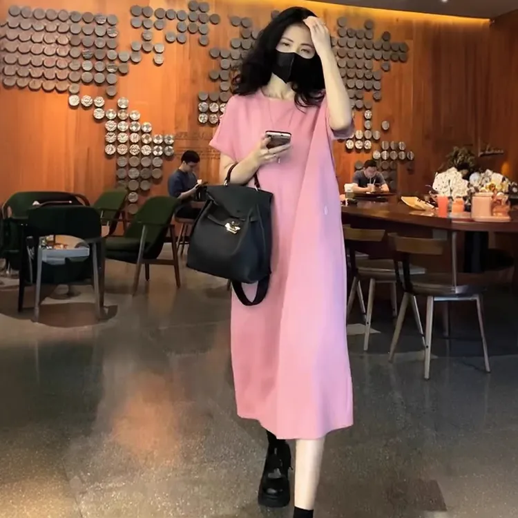 夏季新款时尚简约宽松显瘦连衣裙韩版气质休闲减龄中长T恤裙女潮