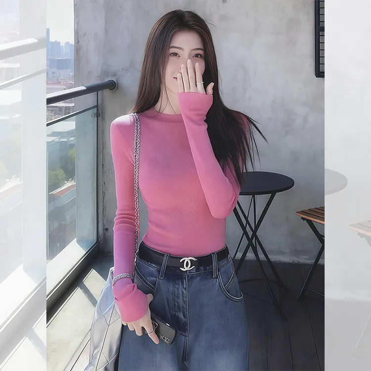 独特漂亮内搭粉色小衫别致设计小众针织打底衫洋气高贵上衣女秋冬