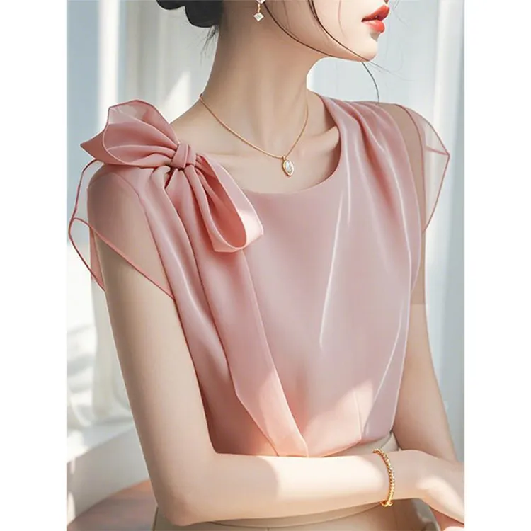 【店铺热销】2025新款法式高级感雪纺衬衫女小众绝美气质短袖宽松粉