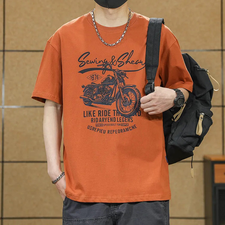 美式潮流机车印花上衣砖红色短袖T恤男夏季新款宽松休闲圆领体恤t