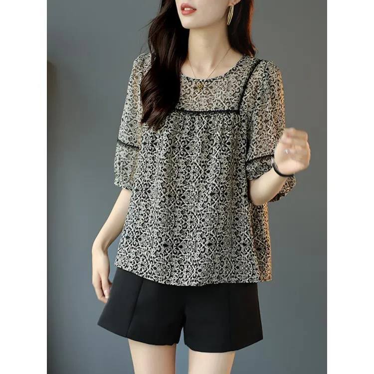 新款蕾丝碎花肚子上衣时尚夏季宽松小衫黑色雪纺上衣高端长袖时