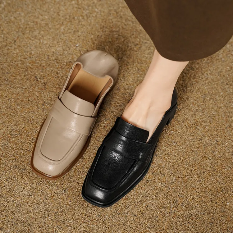 乐福鞋女2026年新款真皮女鞋百搭方头粗跟单鞋舒适中跟通勤小皮鞋