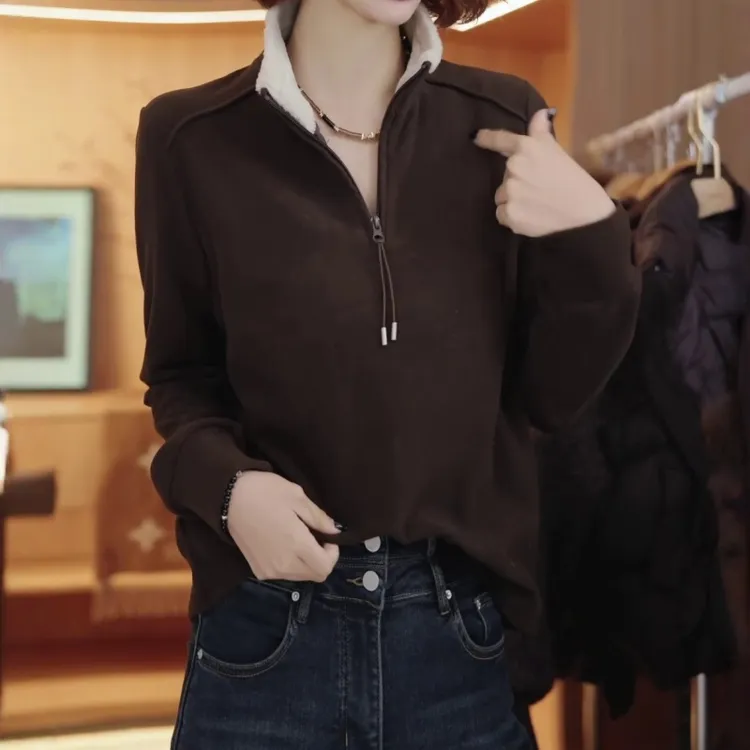 立领拼接羊羔毛领卫衣冬季2025新款欧货半拉链上衣保暖内搭打底衫
