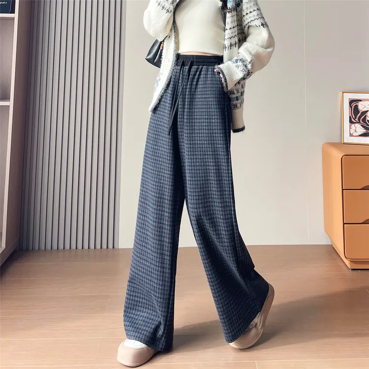 加绒加厚慵懒松紧腰阔腿拖地裤子女秋冬季时尚宽松百搭休闲格子裤