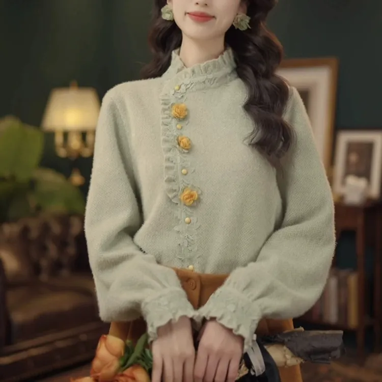 法式花边立领复古精致木耳边长袖秋冬新款斜港风加厚衬衣818