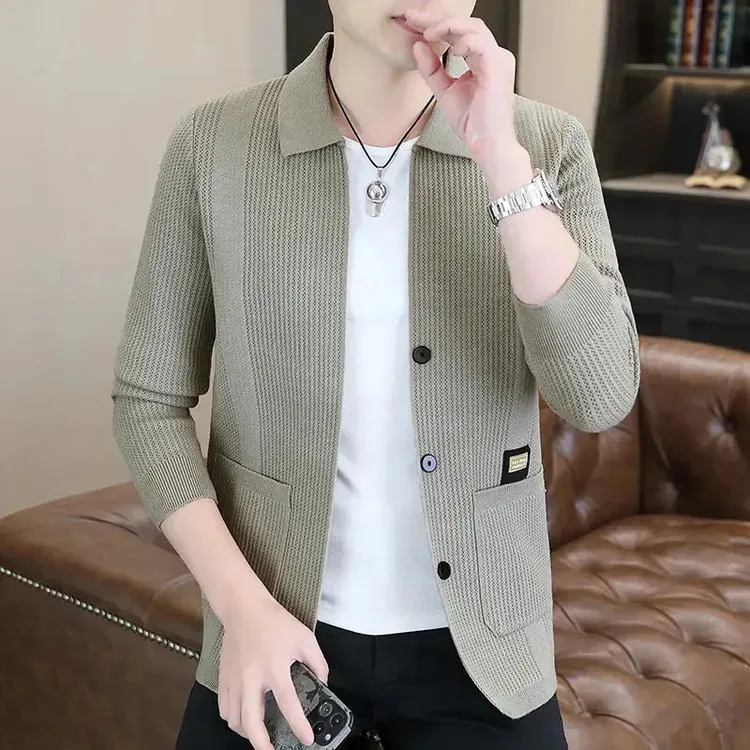 秋季男士新款潮流时尚毛织外套商务修身翻领纯色上衣休闲针织开衫