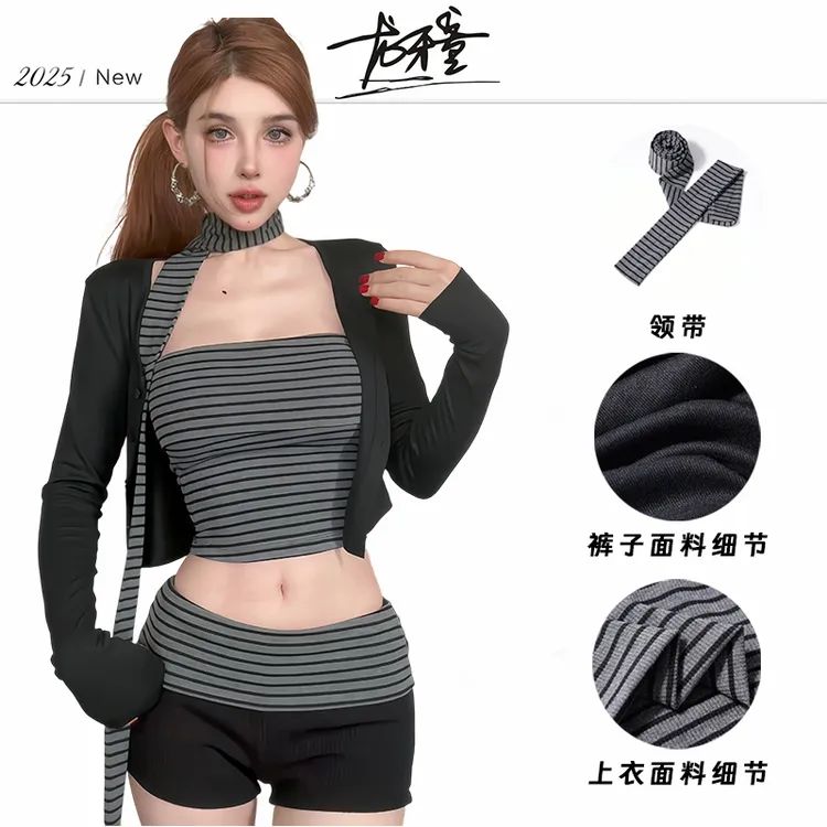 龙怼怼推荐【穿越千禧】显瘦法式短裤套装女夏季性感紧身修身条纹