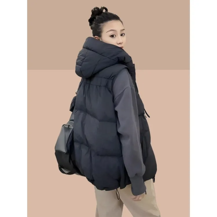 欧版宽松双拉链连帽棉服马甲胖mm2025新款秋冬休闲马夹外套女背心