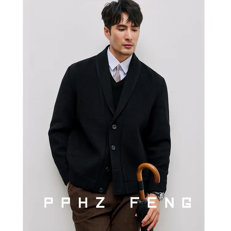 绅士青果领~加厚羊毛粗棒针编织冬季毛衣翻v领针织开衫夹克外套男