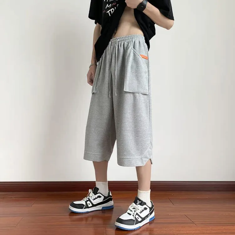 潮流跑步华夫格直筒七分卫裤男士夏季装日男男士170胖子男生裤子