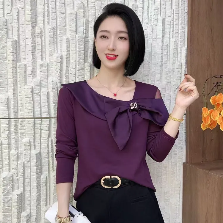 <美虹时装>女蝴蝶结常规型长袖棉T上衣