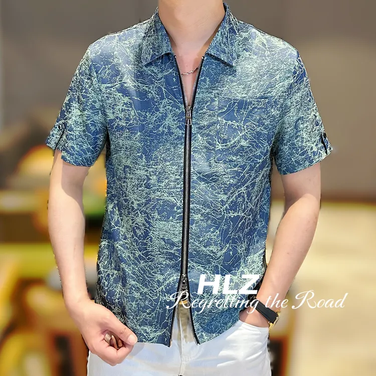 憾路者家2025男款时尚个性缎面提花翻领双拉链开衫短袖衬衫上衣