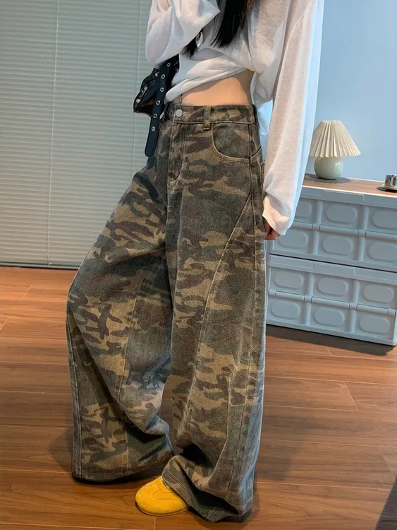 美式街头牛仔裤女2025新款水洗做旧迷彩阔腿工装裤宽松弯刀裤