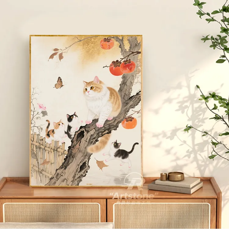 【福猫伴柿】新中式事事如意手工砂岩装饰画简约复古玄关背景装饰画