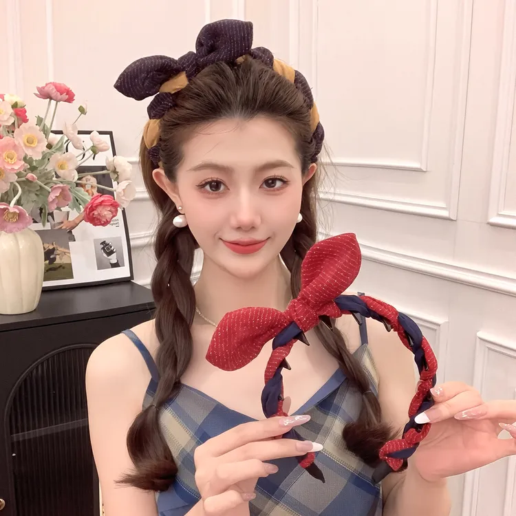 撞色条纹蝴蝶结带齿发箍女新款高流动防滑压发头箍日常百搭发饰