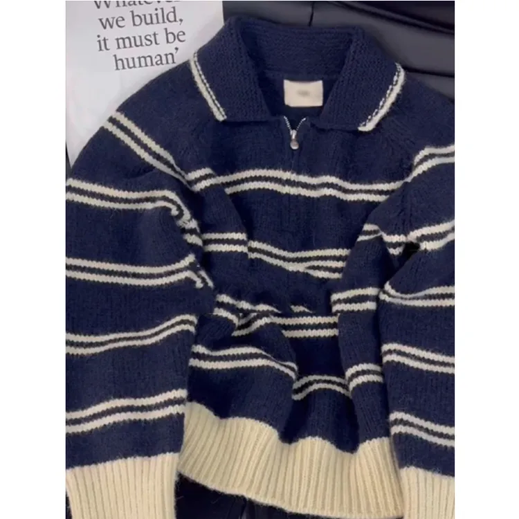 简约条纹polo领软糯糯半拉链套头毛衣2025夏季新款慵懒风针织衫女