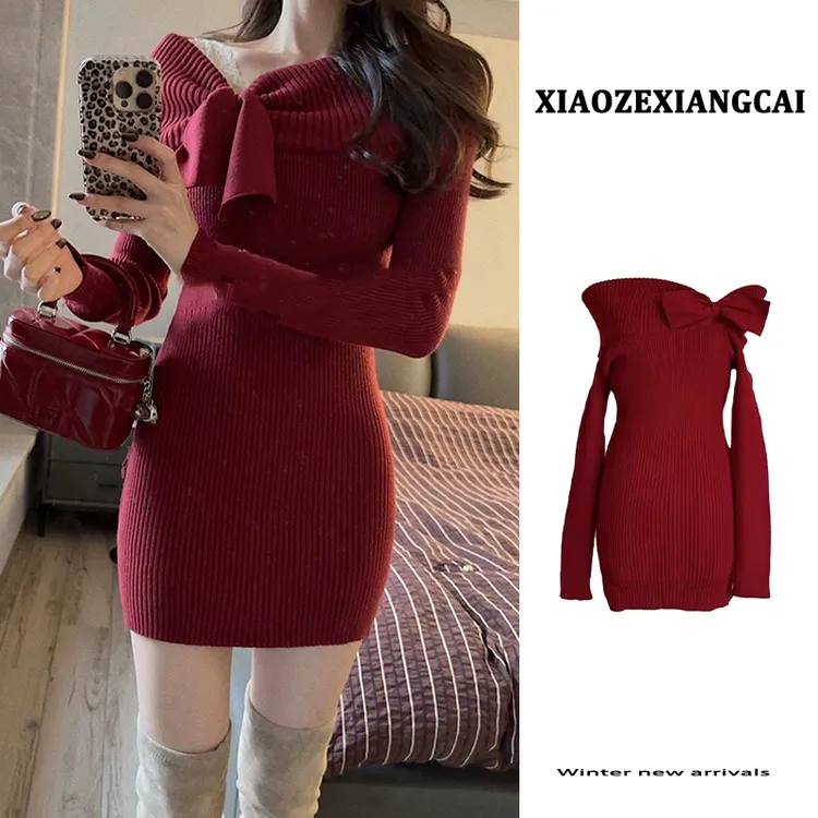 新年过年战袍红色一字肩蝴蝶结针织连衣裙女秋冬季修身内搭短裙子