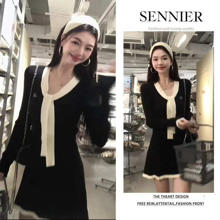 长袖连衣裙女2025早秋巨好看的法式黑色大方得体绝美假两件裙子