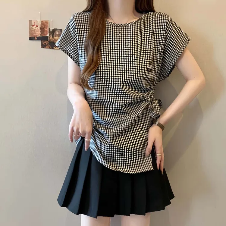 大码胖mm2025夏季新款韩系格子短袖T恤女设计感减龄褶皱绑带衬衫