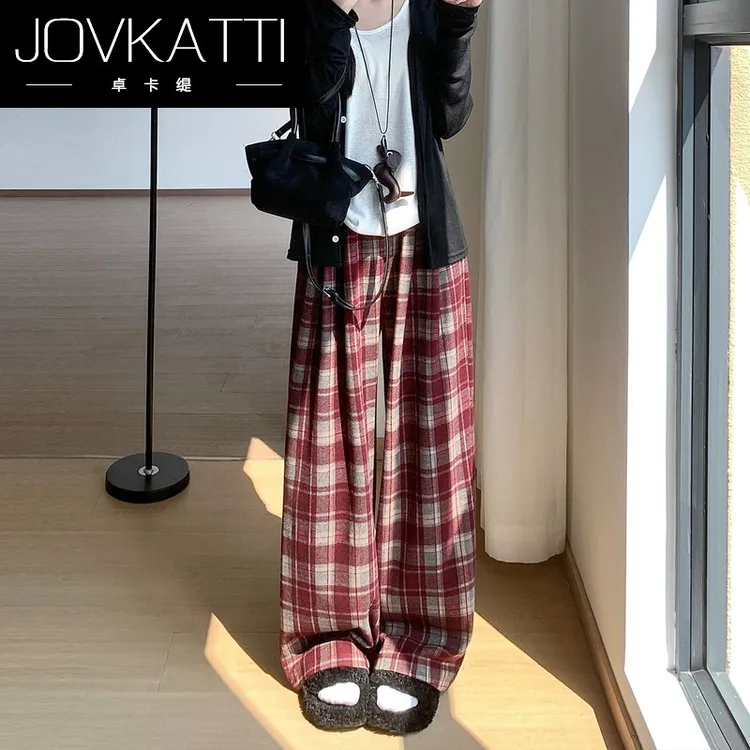 红色格子阔腿裤女2025新款秋冬季加厚复古高腰宽松垂感直筒休闲裤