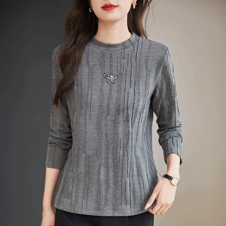 灰色打底衫女春秋季2025年新款圆领长袖t恤妈妈大码宽松上衣内搭