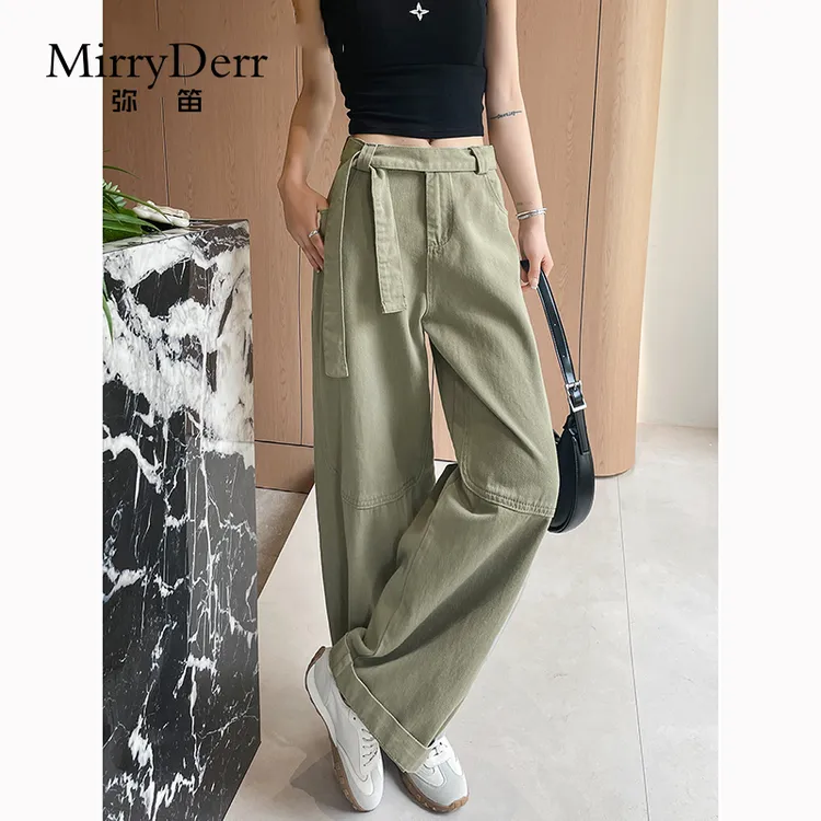 MirryDerr/弥笛飘带工装牛仔裤女2025夏季新款高腰宽松垂感阔腿裤