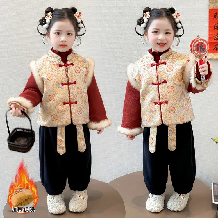 女童拜年服套装洋气喜庆儿童过年新年装小女孩新中式唐装两件套潮