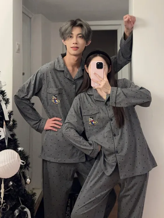韩系米奇情侣纯棉睡衣女春秋季卡通长袖长裤家居服套装可外穿休闲