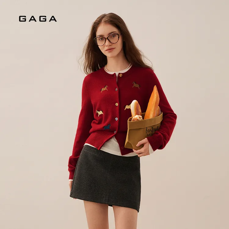 【商场同款】GAGA冬季100%绵羊毛原创小马刺绣开衫女甜美G54W64025